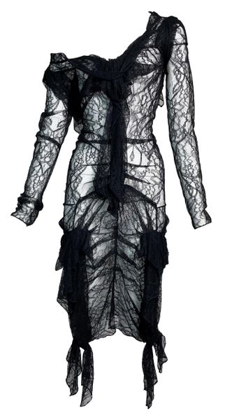 S/S 2003 Christian Dior by John Galliano Sheer Black Lace Off Shoulder Ruffles Dress