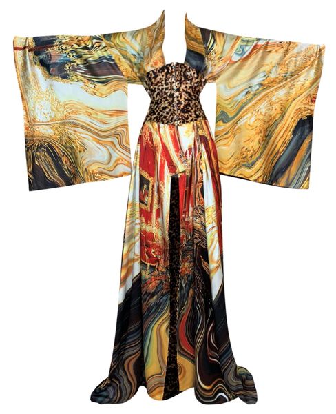 S/S 2003 Roberto Cavalli Extra Long Silk Reversible Kimono Dress w Corset