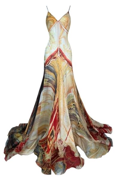 S/S 2003 Roberto Cavalli Runway Sheer Mesh & Silk Print Gown Dress M