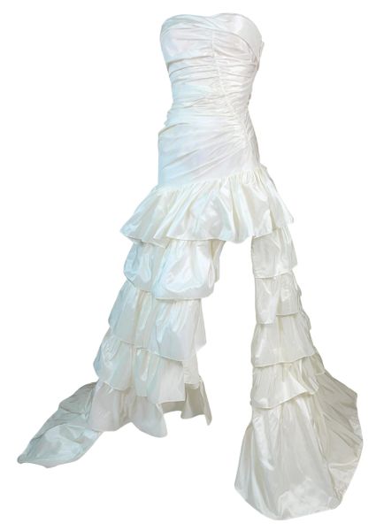 S/S 2005 Roberto Cavalli Ivory Silk Sating High Front Slit Strapless Ruffles Gown Dress