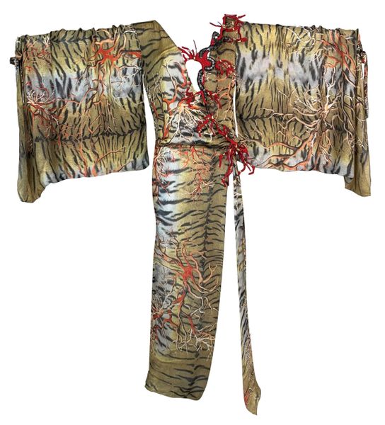 S/S 2005 Roberto Cavalli Runway Beaded Coral Sheer Tiger Silk Kimono Dress