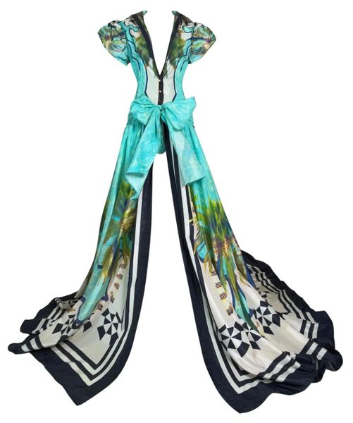 S/S 2006 Roberto Cavalli Runway Miami Ocean Super High Slit Gown Dress w Train