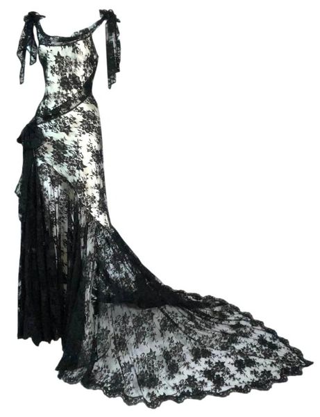 F/W 2005 Christian Dior John Galliano Sheer Black Lace Bows Gown Dress w Train