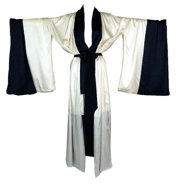 S/S 2003 Donna Karan Runway Ivory & Black Silk Satin Kimono Dress