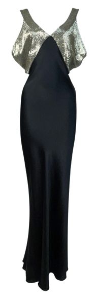 F/W 2001 Christian Dior by John Galliano 30's Style Black Beaded High Slit Gown Dress