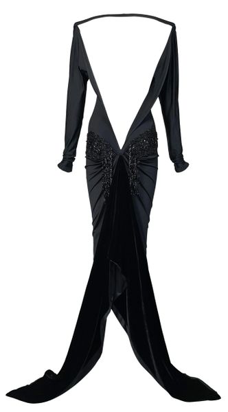 F/W 2006 Gianfranco Ferre Runway Off Shoulder Plunging Back Beaded Gown Dress