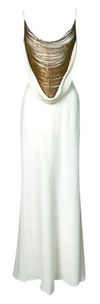 S/S 2006 Alexander McQueen Runway Gold Chain Plunging Ivory Maxi Dress