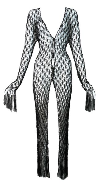 Vintage 1990's Dolce & Gabbana Sheer Black 20's Goth Vixen Fishnet Fringe Cardi Dress