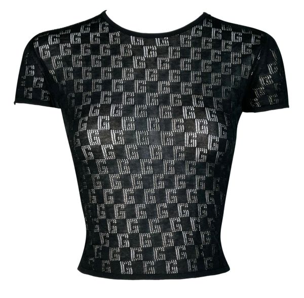 Vintage 2001 Gucci by Tom Ford Sheer Black Logo Mesh Crop Top T-Shirt