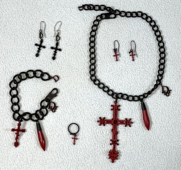 F/W 2006 Christian Dior by John Galliano Runway Red & Black Huge Crucifix Necklace Ring Earrings Set