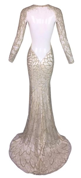 F/W 2001 Atelier Versace Runway Sheer Ivory Embellished Gown Dress