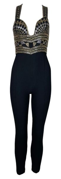 F/W 1991 Atelier Versace by Gianni Gold Studded Black Catsuit Jumpsuit