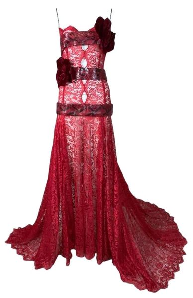 S/S 2005 Dolce & Gabbana Runway Sheer Red Lace Snakeskin & Velvet Bows Gown Dress w Train