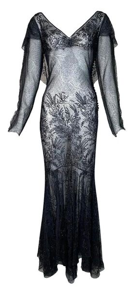 S/S 2002 Christian Dior by John Galliano Runway Sheer Black Silk Beaded Goth Gown Dress