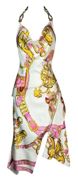 S/S 2000 Christian Dior by John Galliano Gold Logo Leather Strap Pink Saddle Asymmetrical Dress