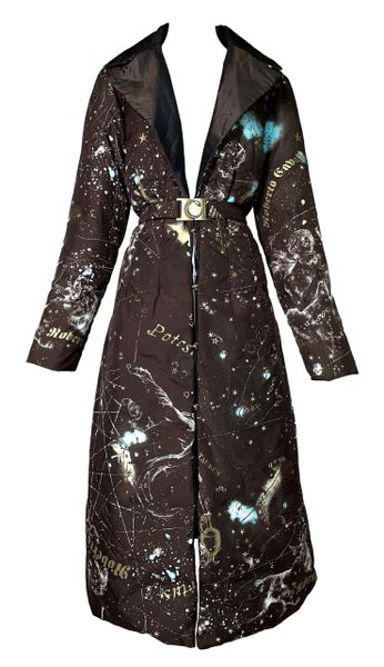 2003 Roberto Cavalli Brown Silk Zodiac Astrology Long Reversible Puffer Coat