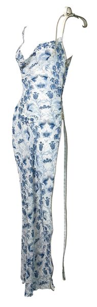 S/S 2001 Christian Dior by John Galliano Sheer Blue & White Chinoiserie Silk High Zipper Slit Maxi Dress
