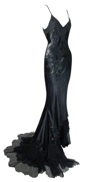 C. 2003 Roberto Cavalli Beaded Black Silk Gown Dress w Train