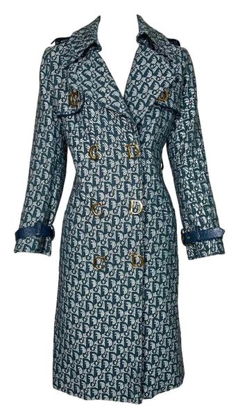 F/W 2000 Christian Dior by John Galliano Runway Blue Denim Logo Trench Coat Jacket