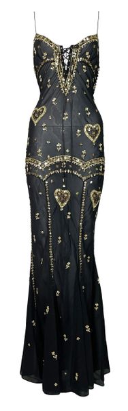 S/S 2004 Christian Dior by John Galliano Sheer Black Gold Embellished Gypsy Maxi Dress
