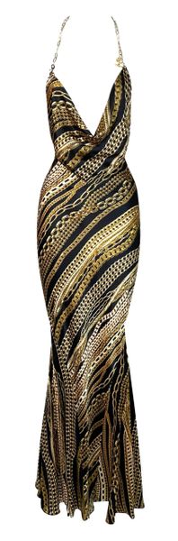 2003 Roberto Cavalli Black & Gold Zodiac Chain Necklace Halter Print Silk Mermaid Maxi Dress