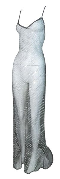 F/W 1997 Ralph Lauren Collection Runway Sheer Silver Fishnet Mesh Crystal Gown Dress