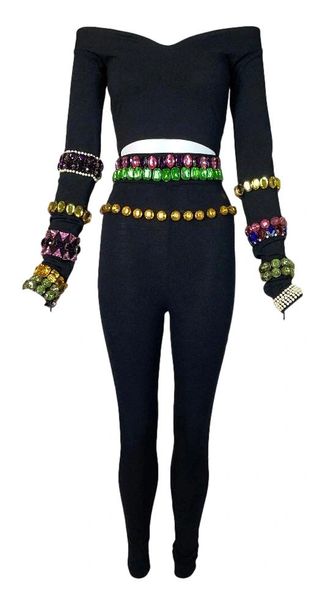 F/W 1991 Dolce & Gabbana Crystal Embellished Black Crop Top & High Waist Leggings