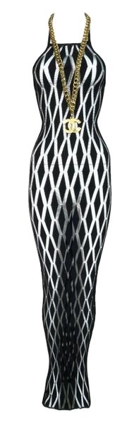 S/S 2001 Jean Paul Gaultier Runway Black Fishnet Mesh Bodycon Wiggle Extra Long Maxi Dress