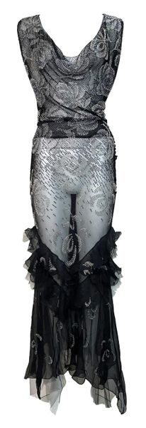 2003 Christian Dior John Galliano 20's Style Sheer Beaded Black Mesh Dress