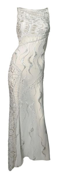 F/W 1998 Atelier Versace Runway Sheer Ivory Bridal Wedding Beaded Gown Dress