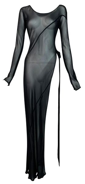 Vintage 1990's Alberta Ferretti Sheer Black Super High Slit Gown Dress