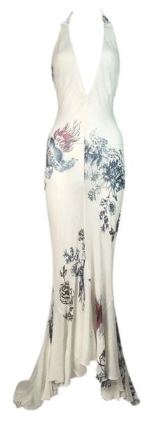 2003 Roberto Cavalli Sheer White Silk Tattoo Print Plunging Halter Long Gown Dress