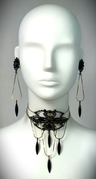 C. 1997 Christian Dior by John Galliano Third Eye Chakra Large Black Gold Choker Necklace & Earrings