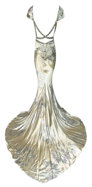 F/W 2006 Roberto Cavalli Runway Chinoiserie Champagne Crystal Gown Dress w Train