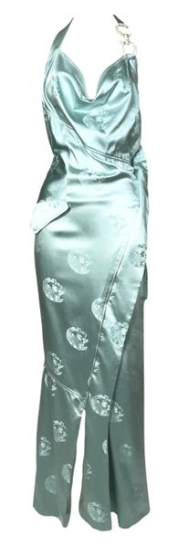 S/S 2000 Christian Dior by John Galliano Runway Blue Satin Silk Chinoiserie Crystal Logo Gown Dress