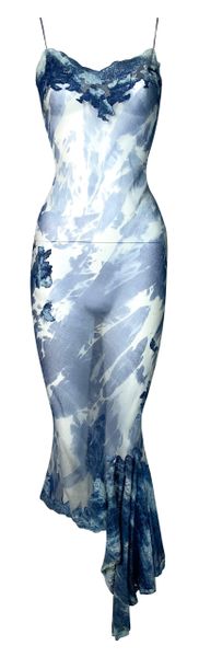 F/W 2000 Christian Dior by John Galliano Sheer Blue Silk Tie Dye Asymmetrical Lace Dress