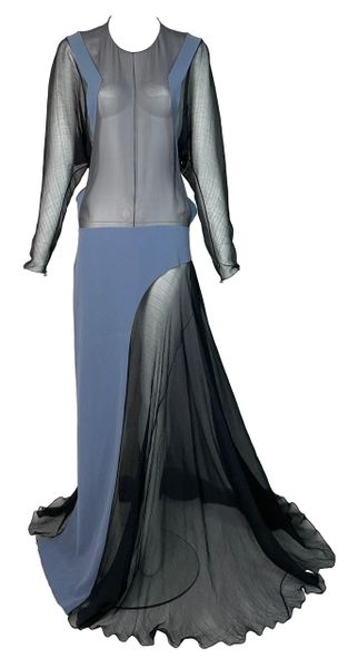 F/W 2012 Balenciaga by Nicolas Ghesquiere Sheer Black & Blue Silk Maxi Dress