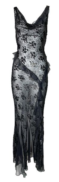 F/W 2004 Christian Dior by John Galliano Black Glitter Sheer Floral Bias Cut Maxi Dress