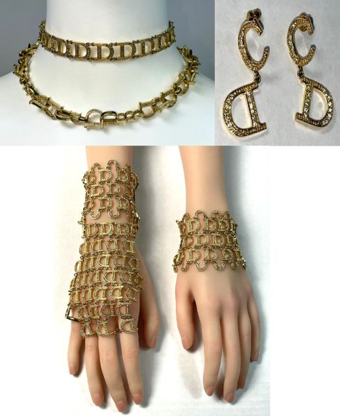 2000's Christian Dior by John Galliano Gold Crystal Logo Cuff Bracelet Rings 2 Chokers & Earrings Set