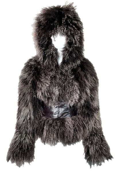 F/W 2004 Alexander McQueen Runway Hooded Curly Lamb Fur Corset Style Leather Belt Jacket Coat