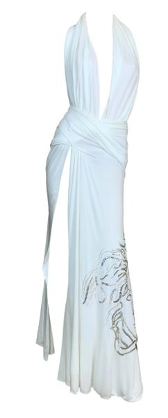 S/S 2000 Gianni Versace Runway White Plunging High Slits Beaded Gold Medusa Gown Dress