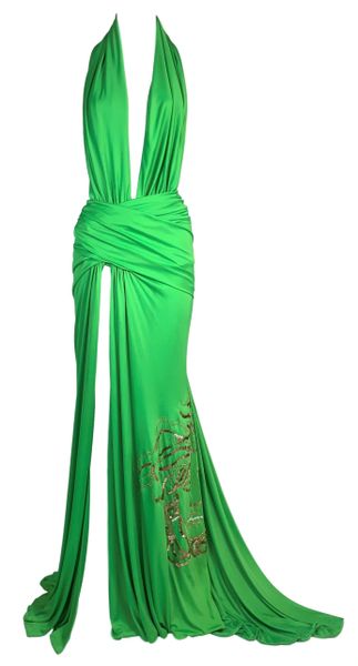 S/S 2000 Gianni Versace Runway Plunging Green High Slit Medusa Logo Maxi Dress