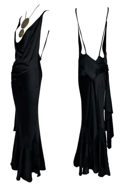S/S 1999 Christian Dior John Galliano Runway Plunging Black Satin Gown Dress
