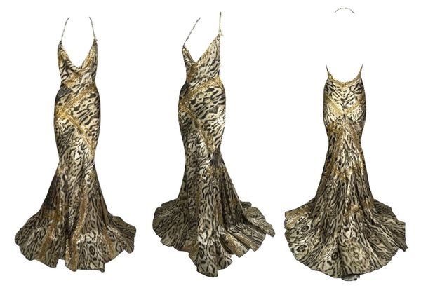 2003 Roberto Cavalli Plunging Satin Gold Chains & Tiger Print Metal Chain Strap Gown Dress