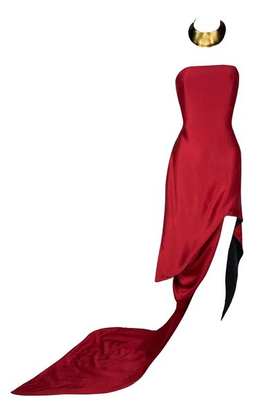 F/W 1997 Christian Dior by John Galliano Runway Red Strapless Hi-Low Dress w Train
