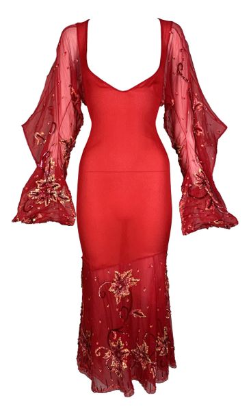 S/S 2003 Christian Dior by John Galliano Haute Couture Plunging Sheer Red Silk Embellished Dress