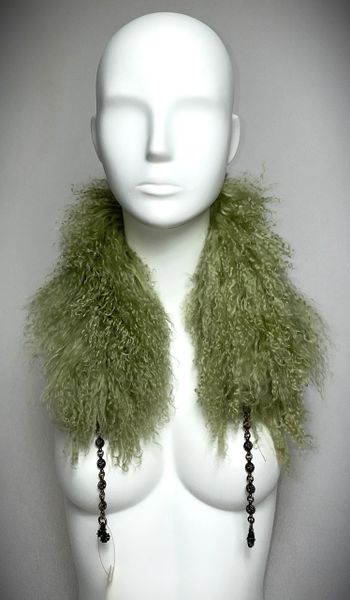 NWT Vintage 1990's Chrome Hearts Green Curly Lamb Fur Collar w Chains