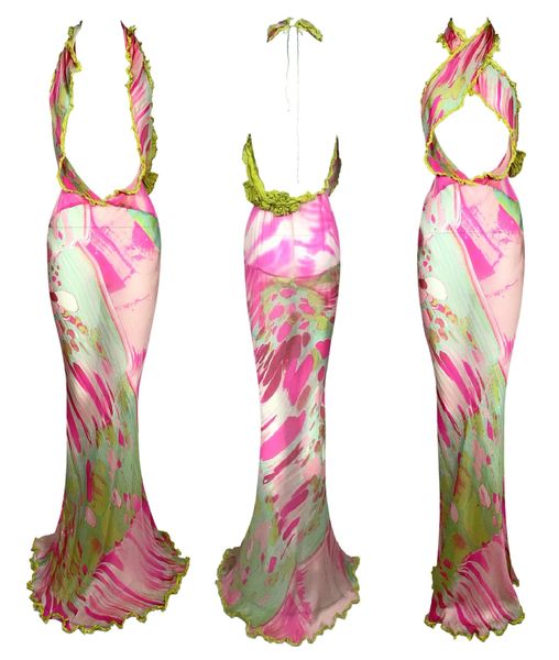 F/W 1999 Roberto Cavalli Sheer Neon Pink & Green Silk Plunging Halter Gown Dress