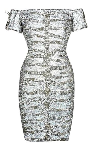 C. 2009 Roberto Cavalli Couture Numbered Crystal Chainmail Beaded Corset Off Shoulder Mini Dress