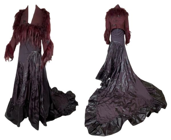 F/W 2006 Christian Dior by John Galliano Runway Burgundy Goth Princess Gown Dress w Train & Fur Jacket Set